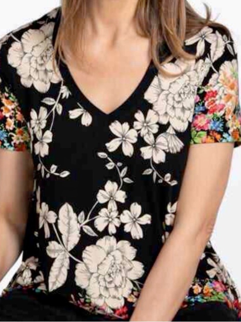 Johnny Was Redland Favorite Top Black Base Cream Floral Print Multi Color Border - Picture 10 of 12